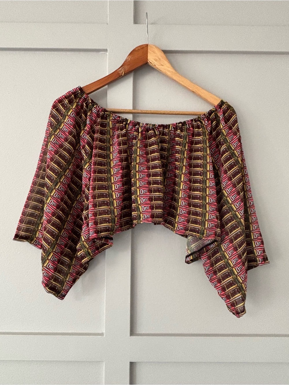 Off-Shoulder Cropped Top in Burgundy, Mustard and Pink Stripe - Picture 2 of 7